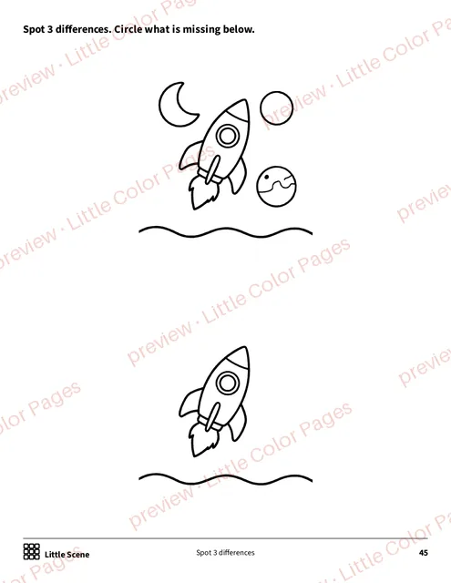 Little Scene: spot 3 differences, page 45 of the Outer Space Coloring Box, shown small with a preview mark
