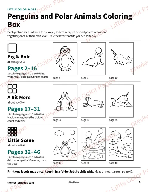 Start page: the page range of each level, page 1 of the Penguins and Polar Animals Coloring Box, shown small with a preview mark