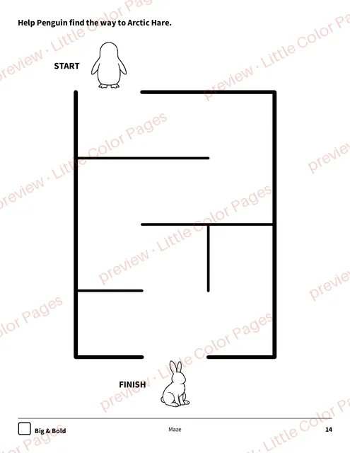 Big & Bold maze, page 14 of the Penguins and Polar Animals Coloring Box, shown small with a preview mark