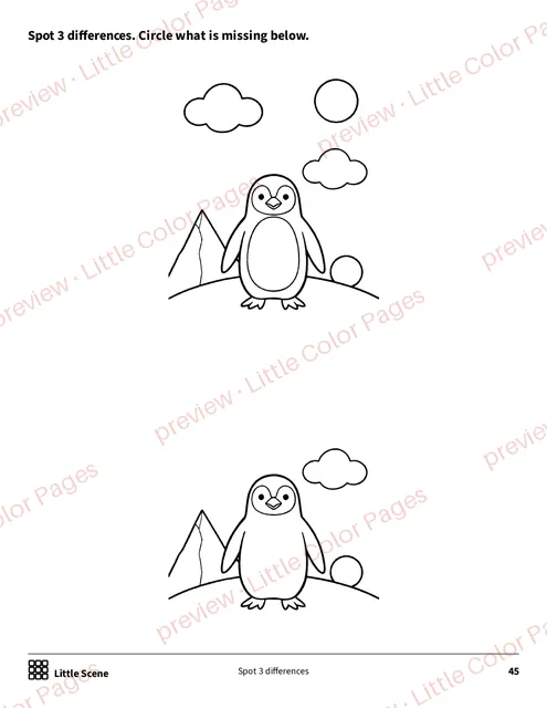 Little Scene: spot 3 differences, page 45 of the Penguins and Polar Animals Coloring Box, shown small with a preview mark