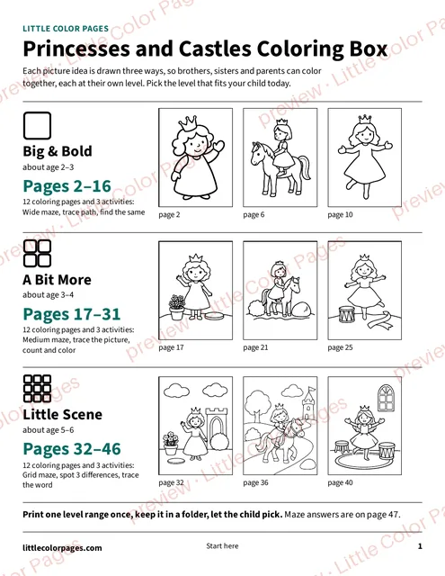 Start page: the page range of each level, page 1 of the Princesses and Castles Coloring Box, shown small with a preview mark