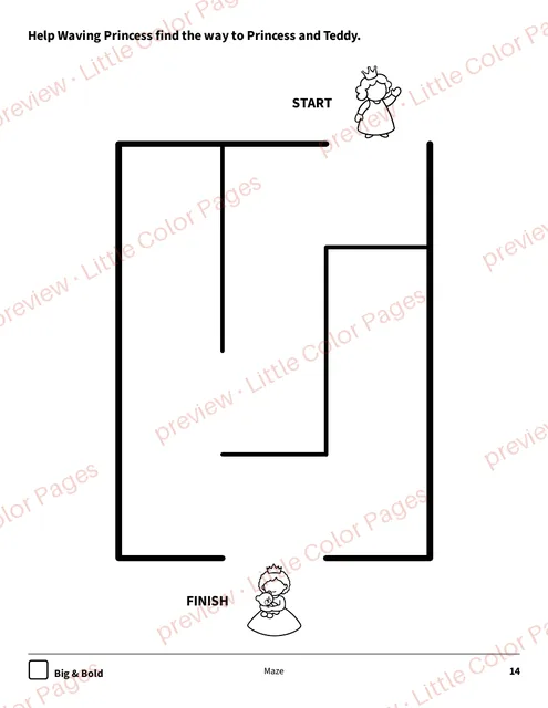Big & Bold maze, page 14 of the Princesses and Castles Coloring Box, shown small with a preview mark