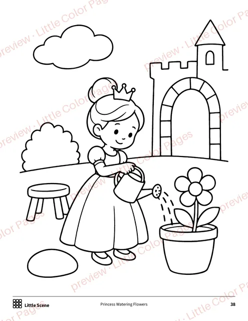Little Scene coloring page, page 38 of the Princesses and Castles Coloring Box, shown small with a preview mark