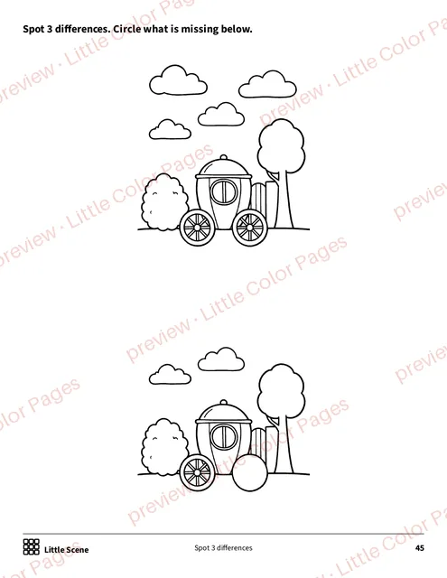 Little Scene: spot 3 differences, page 45 of the Princesses and Castles Coloring Box, shown small with a preview mark