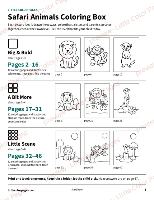 Start page: the page range of each level, page 1 of the Safari Animals Coloring Box, shown small with a preview mark