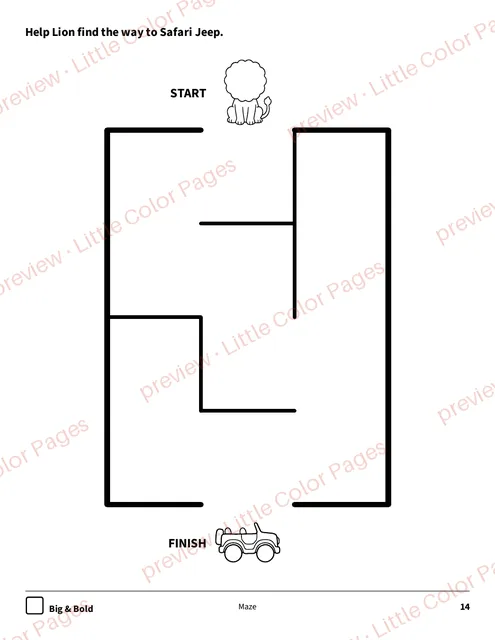 Big & Bold maze, page 14 of the Safari Animals Coloring Box, shown small with a preview mark