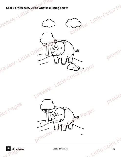 Little Scene: spot 3 differences, page 45 of the Safari Animals Coloring Box, shown small with a preview mark