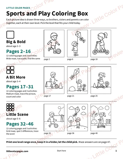 Start page: the page range of each level, page 1 of the Sports and Play Coloring Box, shown small with a preview mark