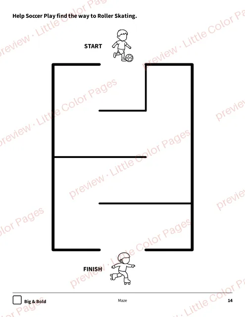 Big & Bold maze, page 14 of the Sports and Play Coloring Box, shown small with a preview mark