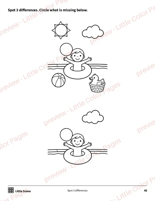 Little Scene: spot 3 differences, page 45 of the Sports and Play Coloring Box, shown small with a preview mark
