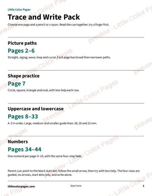 Start page with the page range of each section, page 1 of the Trace and Write Pack, shown small with a preview mark