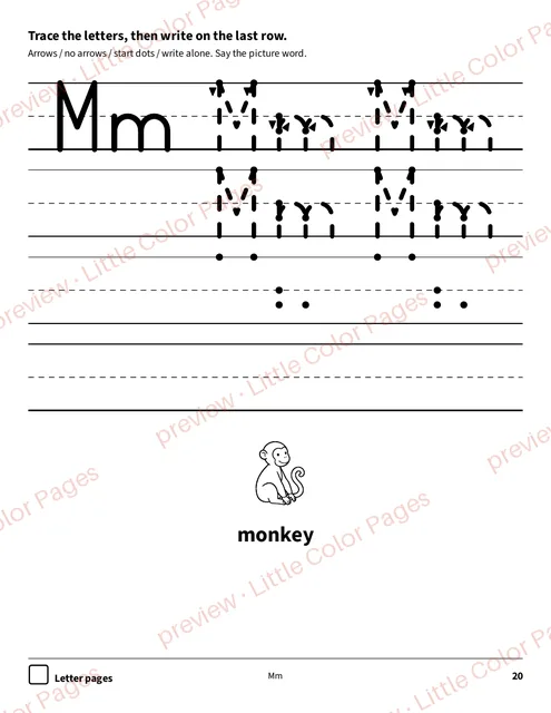Letter M, page 20 of the Trace and Write Pack, shown small with a preview mark