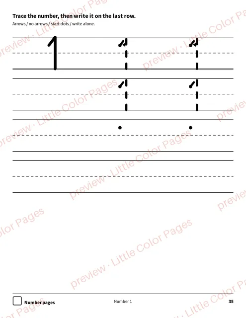 Number 1, page 35 of the Trace and Write Pack, shown small with a preview mark
