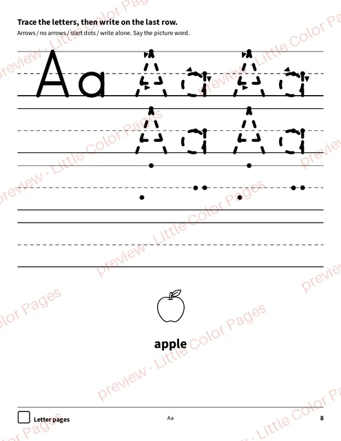 Letter A, with less help each row, page 8 of the Trace and Write Pack, shown small with a preview mark
