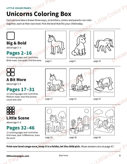 Start page: the page range of each level, page 1 of the Unicorns Coloring Box, shown small with a preview mark