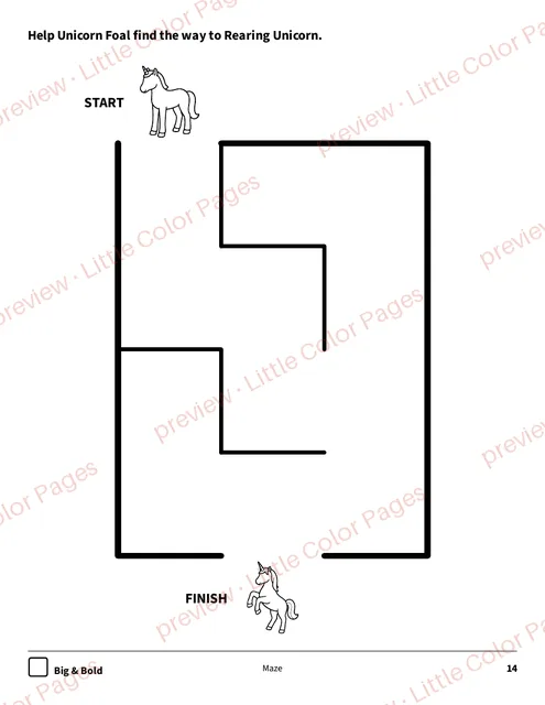 Big & Bold maze, page 14 of the Unicorns Coloring Box, shown small with a preview mark