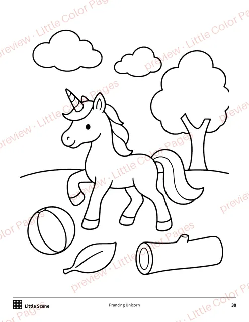 Little Scene coloring page from the Unicorns Coloring Box: a unicorn in a scene with a tree, ball and log