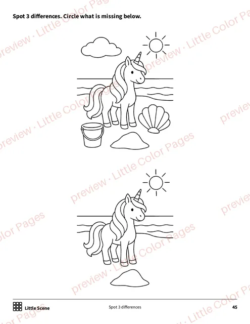 Little Scene: spot 3 differences, page 45 of the Unicorns Coloring Box, shown small with a preview mark