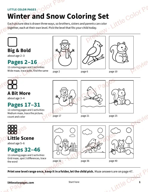 Start page: the page range of each level, page 1 of the Winter and Snow Coloring Set, shown small with a preview mark