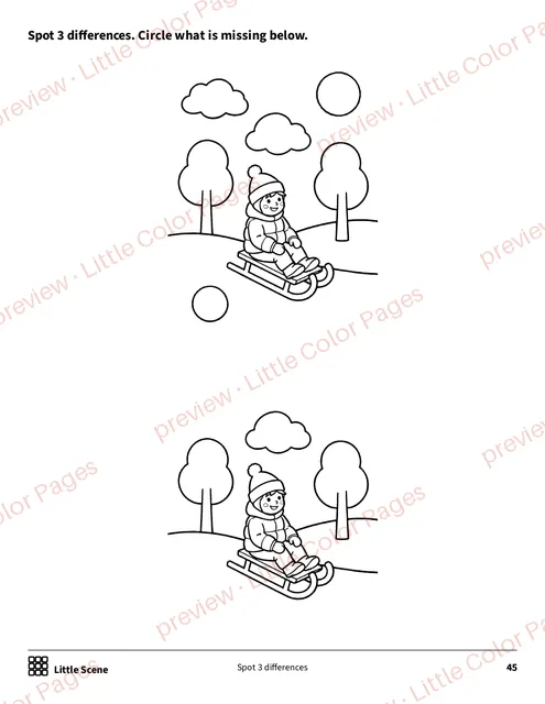 Little Scene: spot 3 differences, page 45 of the Winter and Snow Coloring Set, shown small with a preview mark