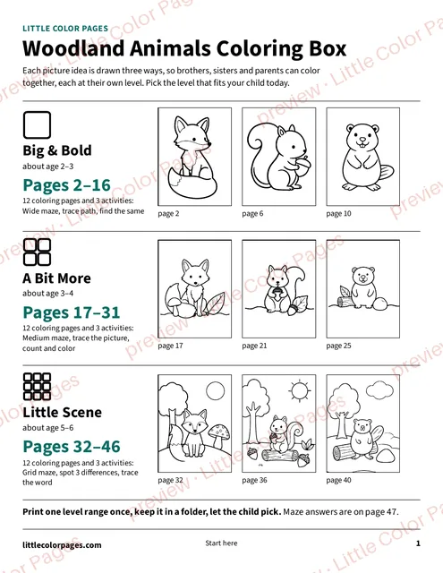 Start page: the page range of each level, page 1 of the Woodland Animals Coloring Box, shown small with a preview mark