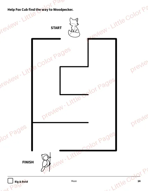 Big & Bold maze, page 14 of the Woodland Animals Coloring Box, shown small with a preview mark
