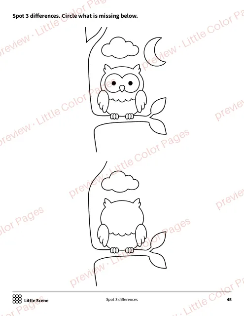 Little Scene: spot 3 differences, page 45 of the Woodland Animals Coloring Box, shown small with a preview mark