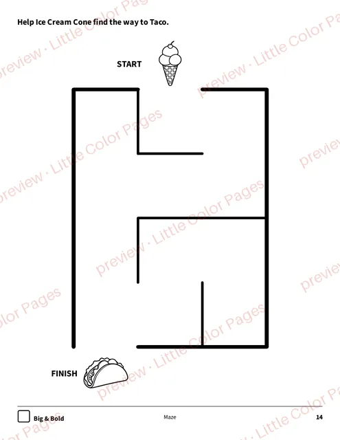 Big & Bold maze, page 14 of the Yummy Food and Treats Coloring Box, shown small with a preview mark