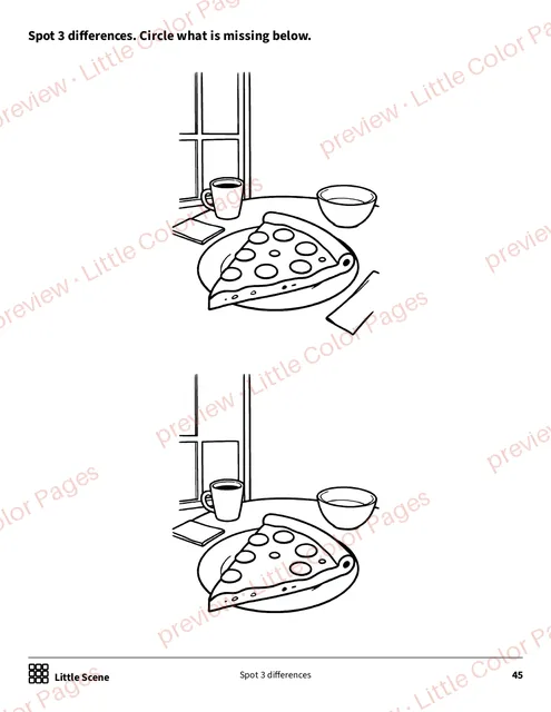 Little Scene: spot 3 differences, page 45 of the Yummy Food and Treats Coloring Box, shown small with a preview mark